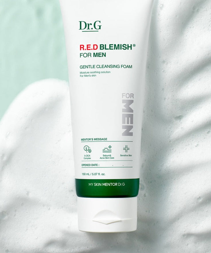 Dr.G Red Blemish For Men Gentle Cleansing Foam 150ml tube on foamy background - nettoyant doux pour peaux sensibles homme Gentleman Korea