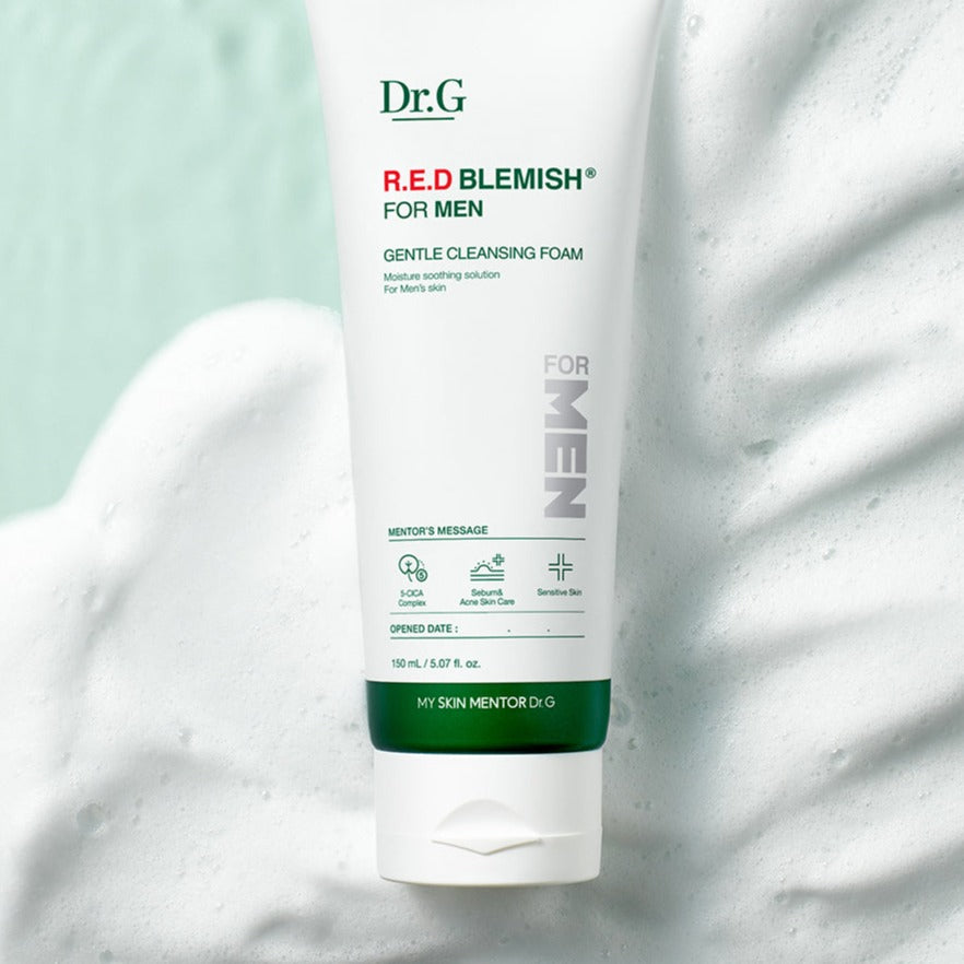 Dr.G Red Blemish For Men Gentle Cleansing Foam 150ml tube on foamy background - nettoyant doux pour peaux sensibles homme Gentleman Korea