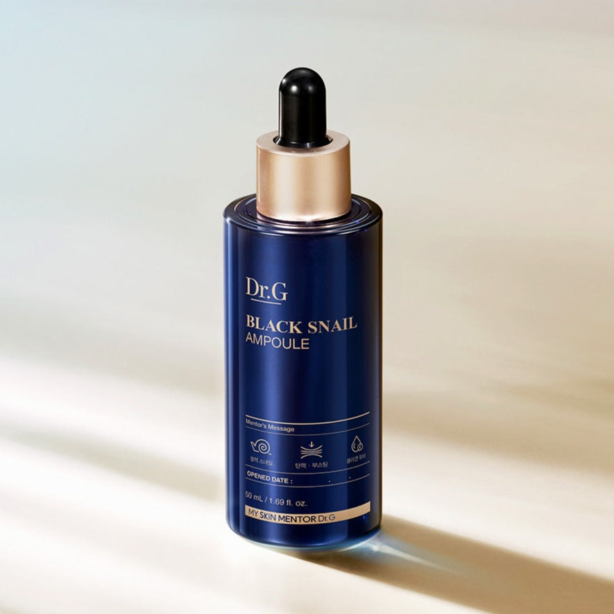 Dr.G Black Snail Ampoule 50ml - Anti-aging and brightening snail secretion skincare, 50ml bottle on neutral background