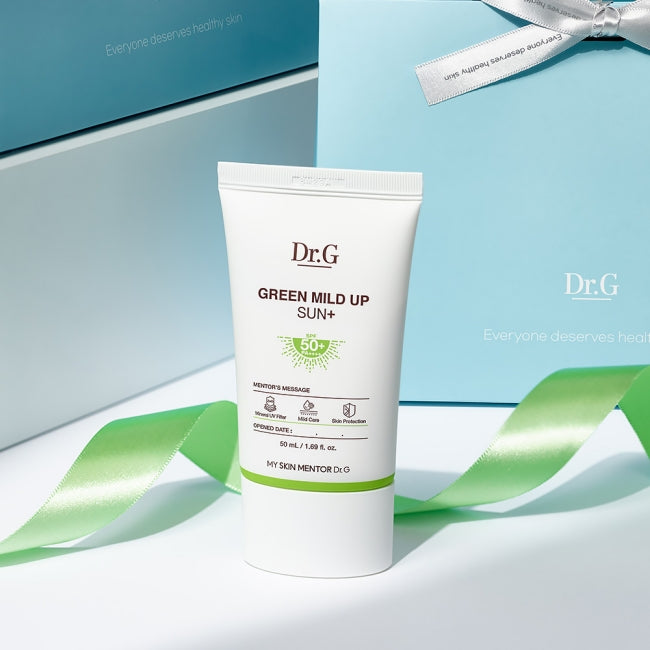 Dr.G Green Mild Up Sun+ SPF50+ PA++++ sunscreen with award-winning solar care from HWAHAE, zinc oxide formula, suitable for sensitive skin.