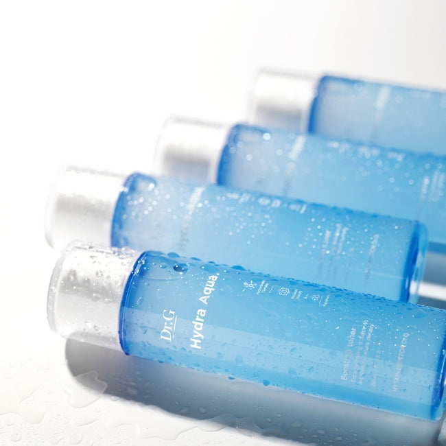 Dr.G Hydra Aqua Boost Toner 200ml bottles with water droplets, ideal for dry and sensitive skin with antioxidant and soothing properties.