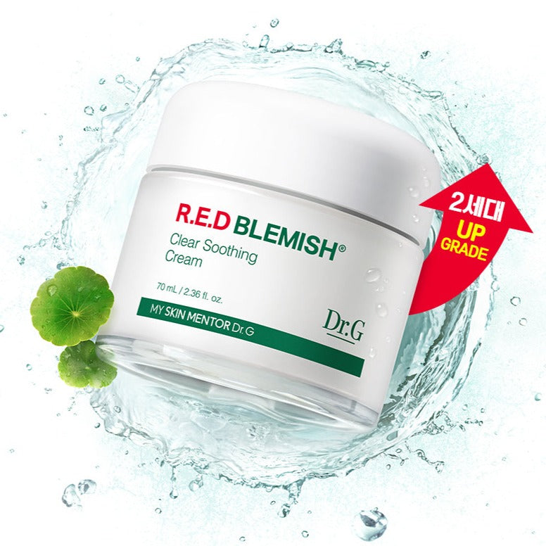 Dr.G Red Blemish Clear Soothing Cream 70ml jar with Centella Asiatica leaves, designed to soothe and hydrate irritated skin.