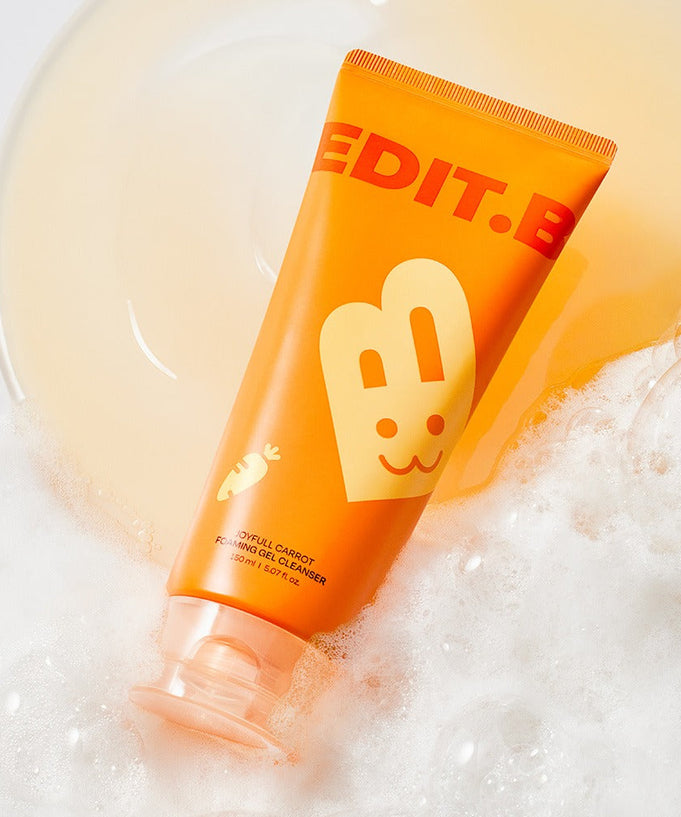 EDIT.B Joyful Carrot Foaming Gel Cleanser 150ml in vibrant orange packaging with foam bubbles
