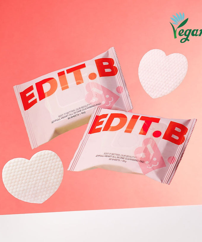 EDIT.B Joyful Heart All-in-One Cleansin Pad 30 Sheets on a pink background with vegan logo