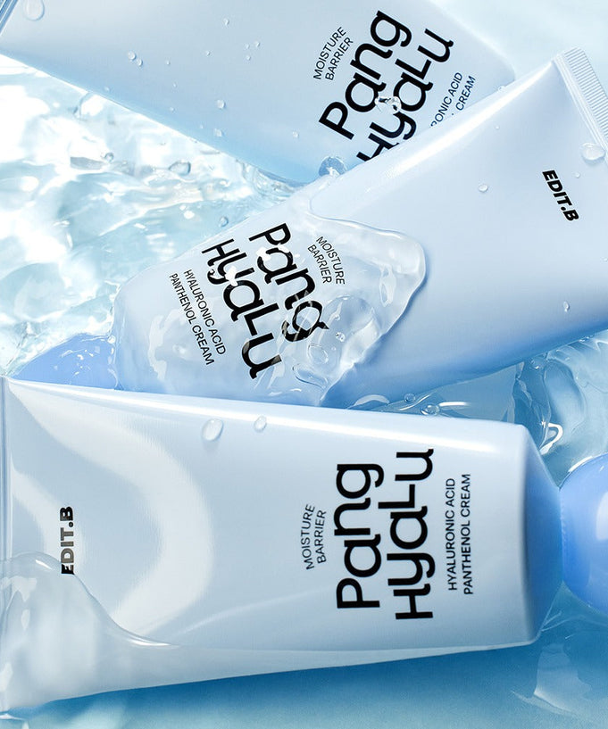 EDIT.B Moisture Barrier Pang Hyaluronic Acid Pathenol Cream 100ml tubes on watery surface