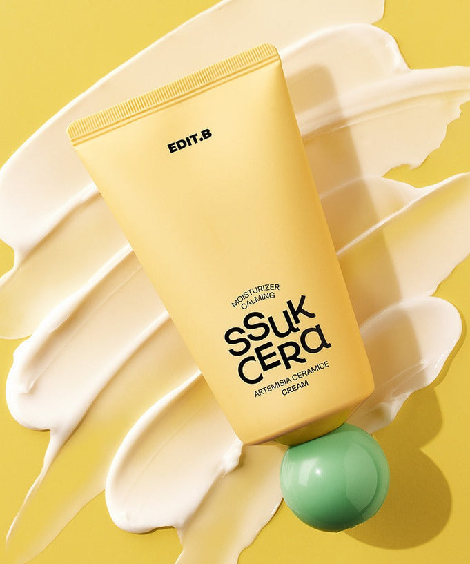 EDIT.B Moisturizing Soothing Mugwort Ceramide Cream 100ml tube on a creamy background