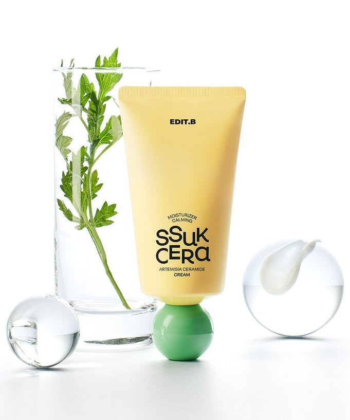 EDIT.B Moisturizing Soothing Mugwort Ceramide Cream 100ml with herbal ingredients displayed in elegant packaging.
