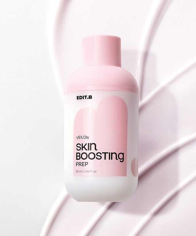 EDIT.B Veil On Skin Boosthing Prep 50ml bottle with pink and white design on styled background