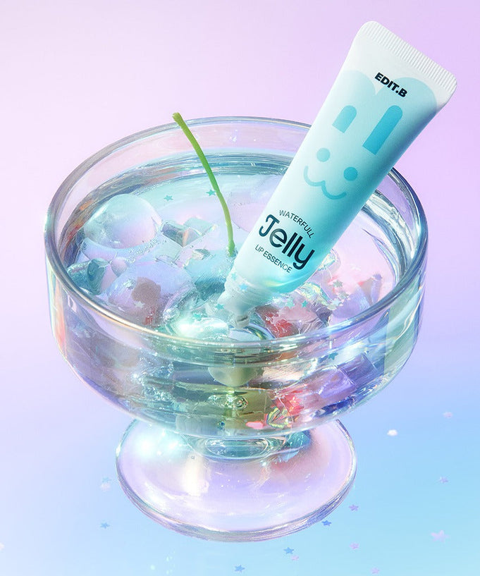 EDIT.B Waterful Jelly Lip Essence 11ml in a glass with colorful jelly cubes and soft pastel background.