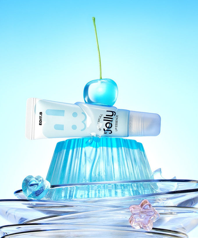 EDIT.B Waterful Jelly Lip Essence 11ml product image with a cherry and blue jelly in the background.