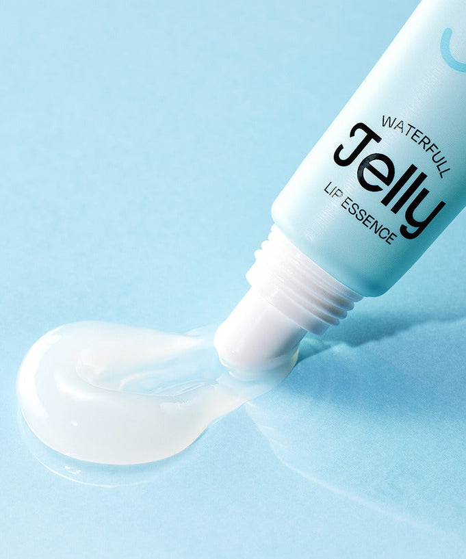 EDIT.B Waterful Jelly Lip Essence 11ml tube with jelly texture on light blue background