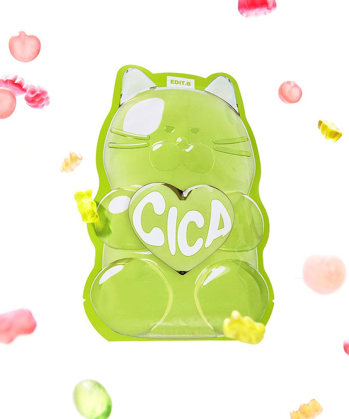 EDIT.B Waterfull Gumi Mask Cica in a green cat-shaped package with colorful gumi candies.
