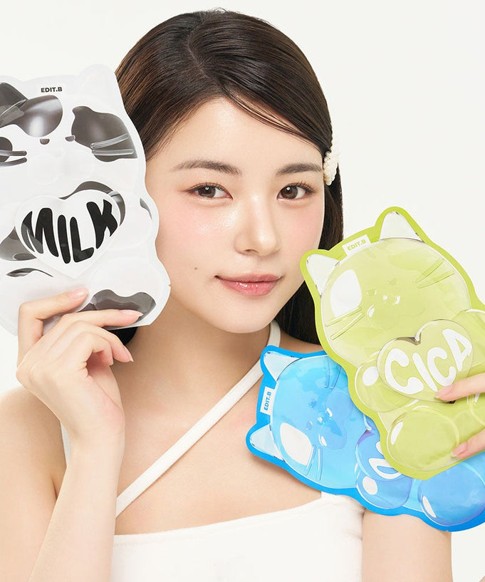 Woman holding EDIT.B Waterfull Gumi Mask Milk packages