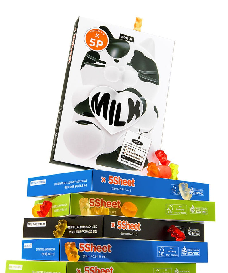 Stack of EDIT.B Waterfull Gumi Mask Ocean packages with gummy bears