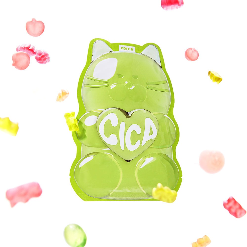 EDIT.B Waterfull Gumi Mask Cica in a green cat-shaped package with colorful gumi candies.