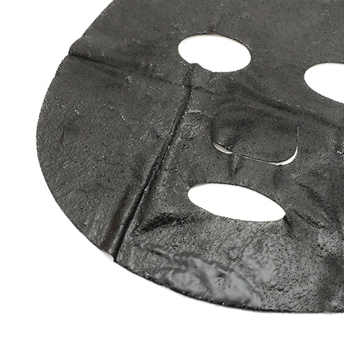 Close-up of ELIZAVECCA Hell-Pore Black Solution Bubble Serum Mask Pack sheet, highlighting texture and design.