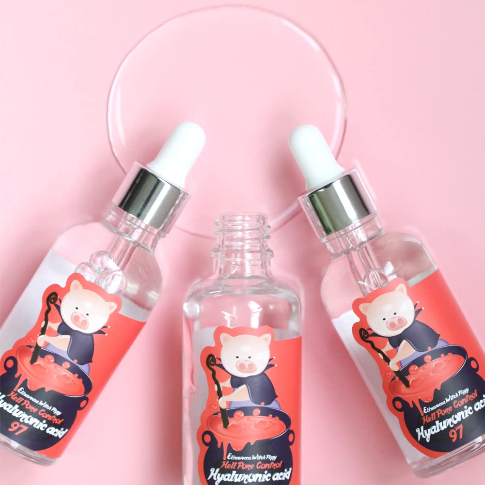 ELIZAVECCA Witch Piggy Hell-Pore Control Hyaluronic Aid 97 50ml product packaging with piggy illustration on pink background.