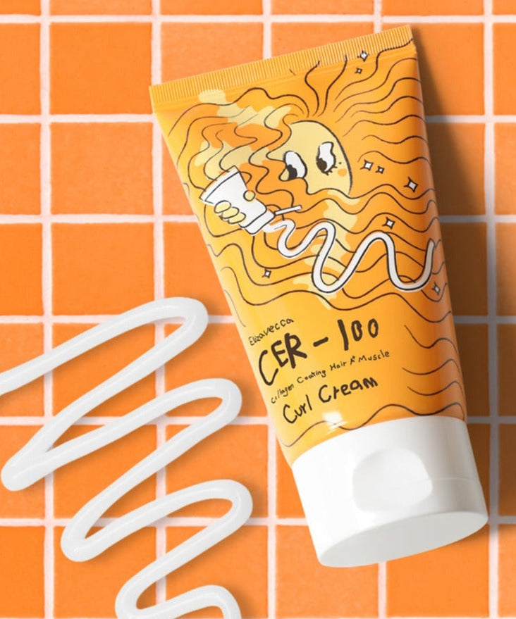 ELIZAVECCA Cer-100 Collagen Coating Hair A+ Muscle Curl Cream 120ml on orange tile background with cream swirl.