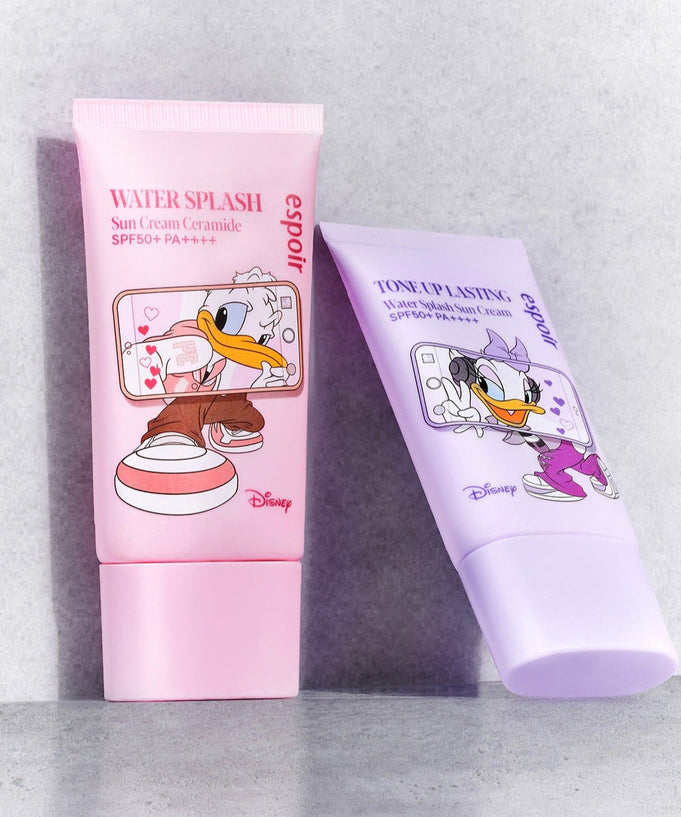 ESPOIR Water Splash Sunscreen Ceramide [Disney Edition] featuring Disney characters, SPF50+ protection, pink and purple tubes.
