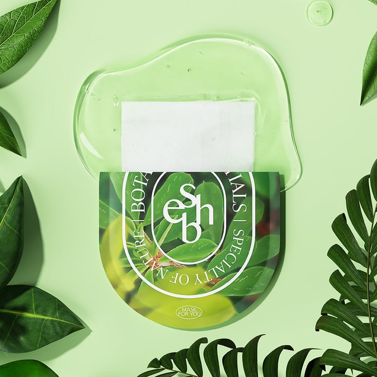 ESSENHERB Kummerowia Poresetting Cotton Mask 5EA product packaging with natural green leaves background
