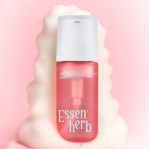 ESSENHERB Quick & Deep Bubble Essence 97ml against a pink bubbly background