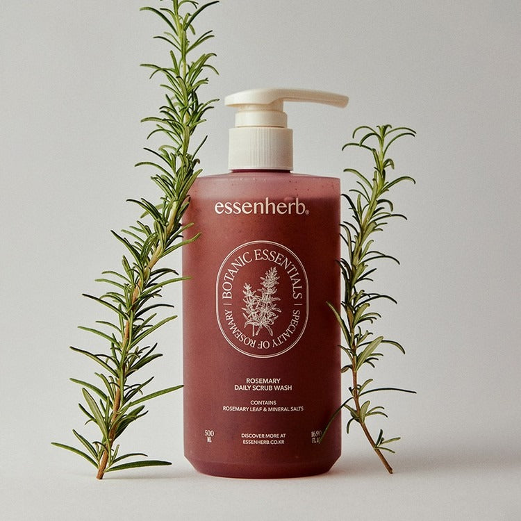 ESSENHERB Rosemary Daily Scrub Wash 500ml bottle with rosemary branches, enhancing skincare routine.