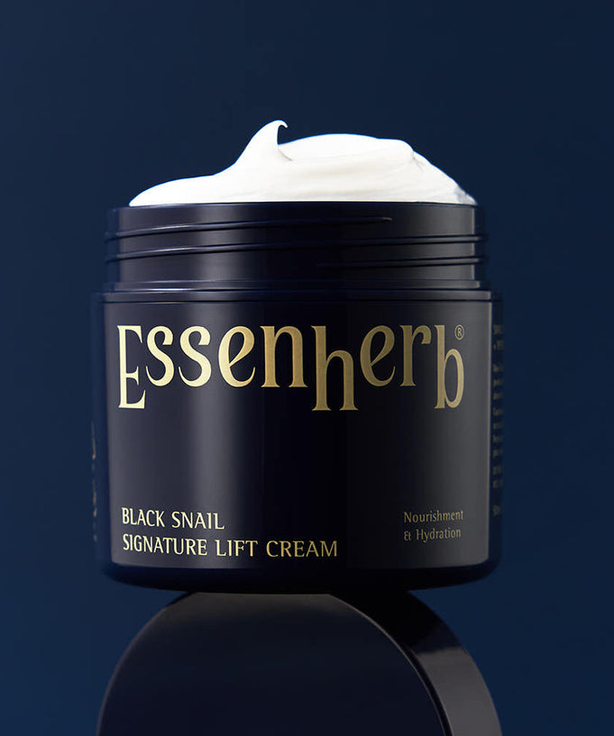 ESSENHERB Black Snail Signature Lift Cream 50ml jar against dark blue background