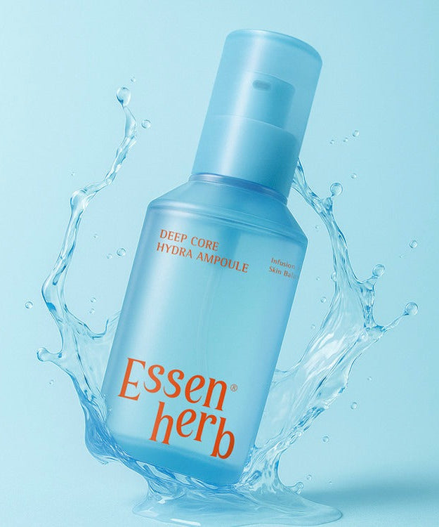 ESSENHERB Deep Core Hydra Ampoule 120ml bottle surrounded by water splash on a blue background