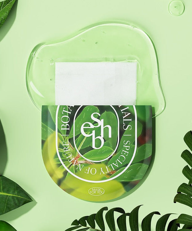 ESSENHERB Kummerowia Poresetting Cotton Mask 5EA product packaging with natural green leaves background