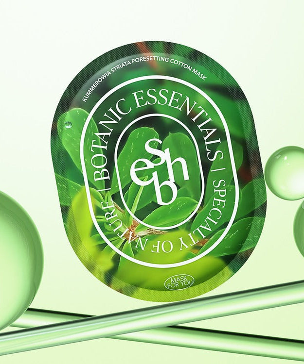ESSENHERB Kummerowia Poresetting Cotton Mask 5EA packaging with green design and botanical elements