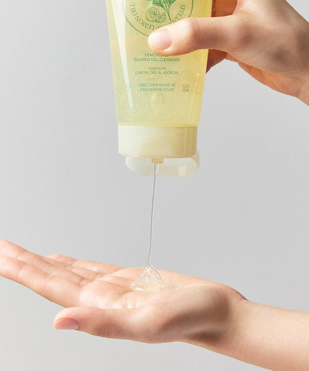 ESSENHERB Lemon Dill Glazed Gel Cleanser 150ml being poured into hand