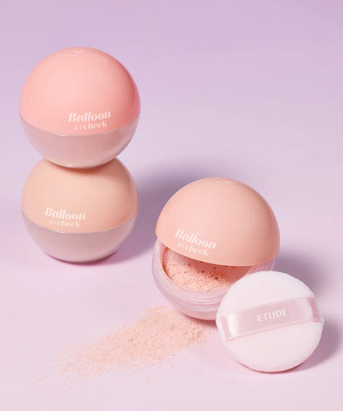 ETUDE Balloon in cheek 6g pastel blush compacts with powder and applicator on pink background