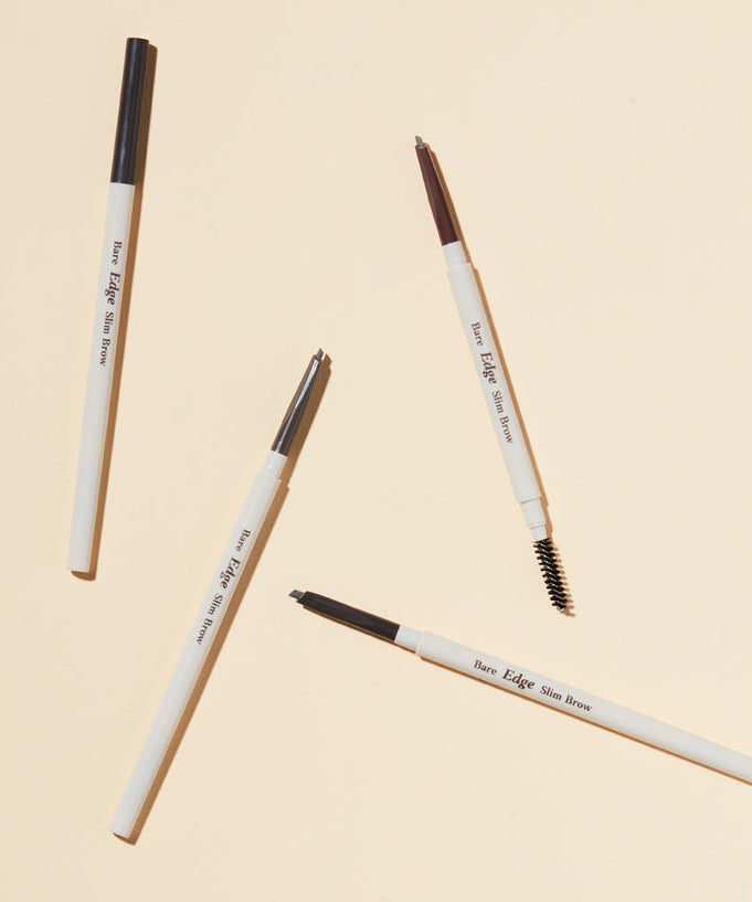 ETUDE Bare Edge Slim Brow Pencil with dual ends, showcasing hexagon tip for precise brow drawing and brush for natural finishing touch.