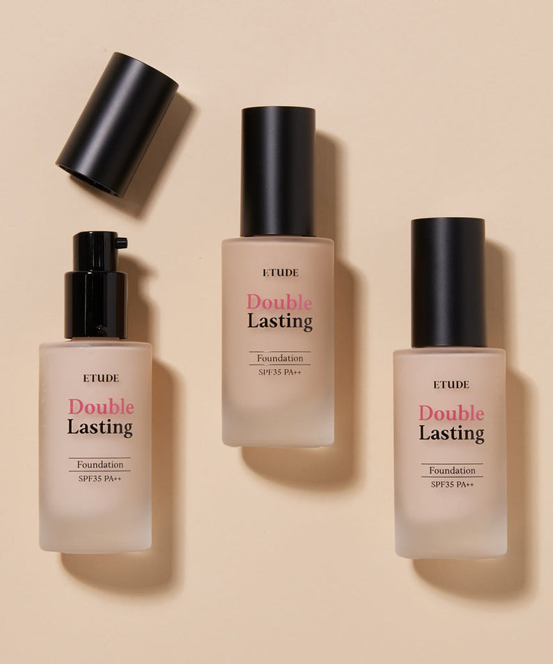ETUDE Double Lasting Foundation 30g bottles showing high coverage makeup with SPF35 protection and smooth finish, available in various shades.