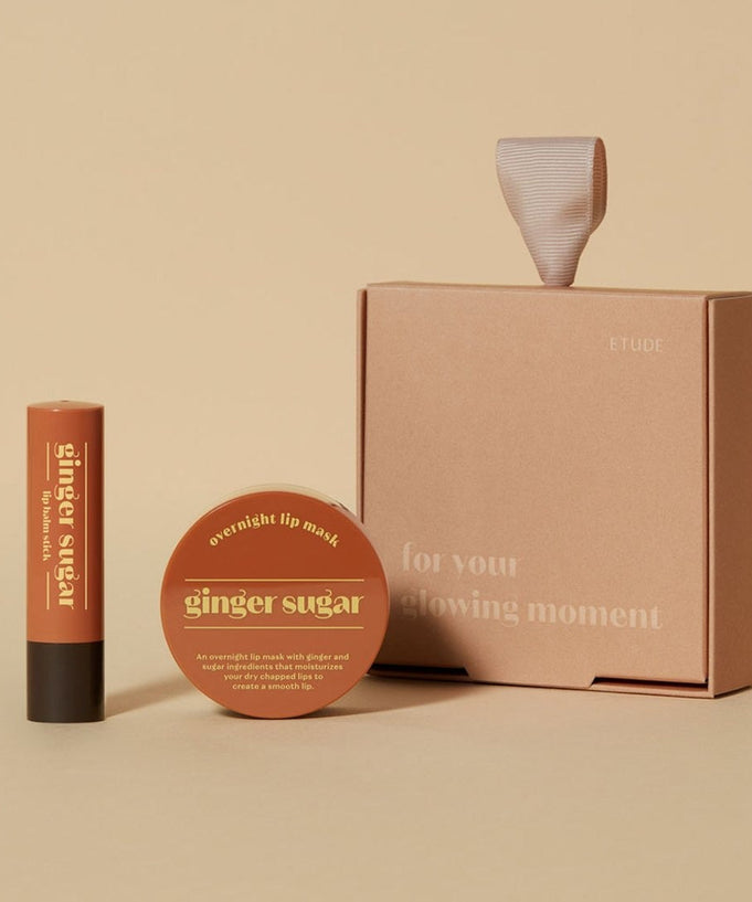 ETUDE Ginger Sugar Lip Care 2-piece Set with lip balm and overnight mask in elegant packaging