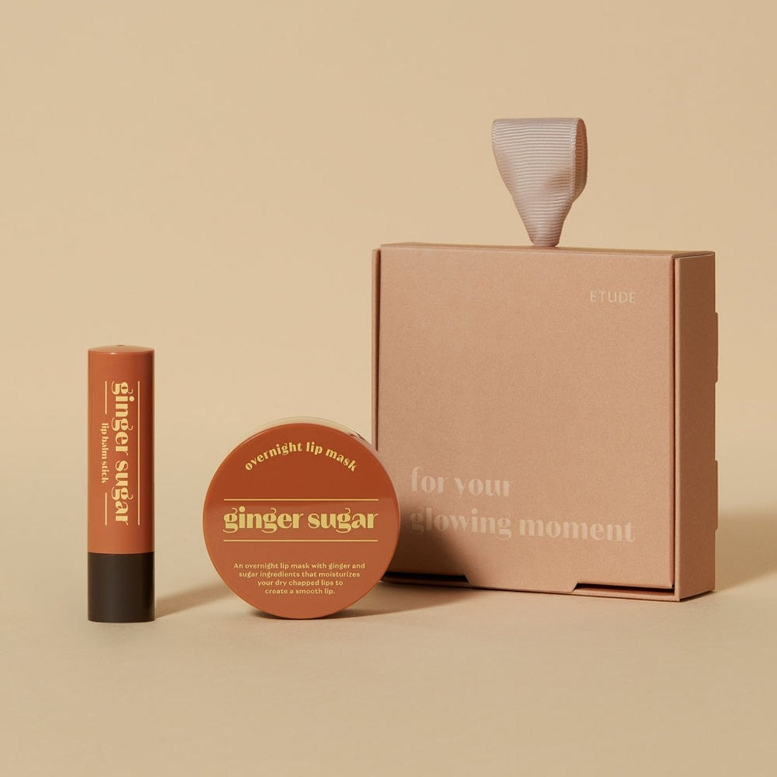 ETUDE Ginger Sugar Lip Care 2-piece Set with lip balm and overnight mask in elegant packaging