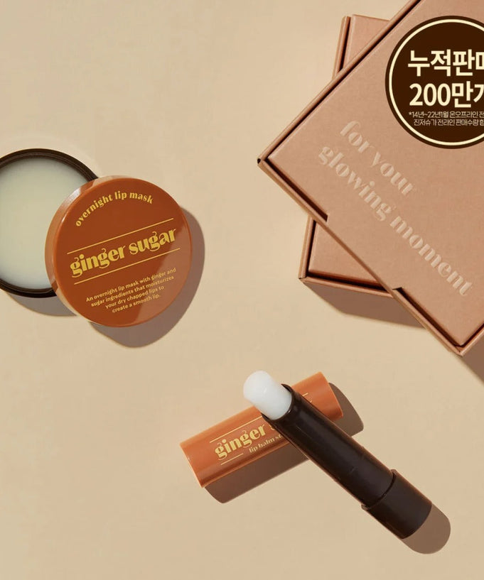 ETUDE Ginger Sugar Lip Care 2-piece Set with lip balm and mask on beige background