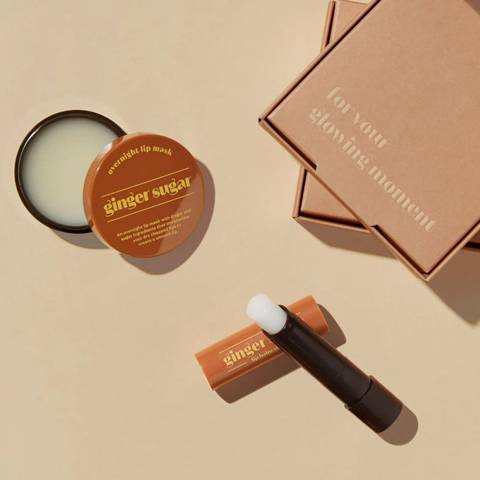 ETUDE Ginger Sugar Lip Care 2-piece Set including overnight lip mask and stick balm on a beige background
