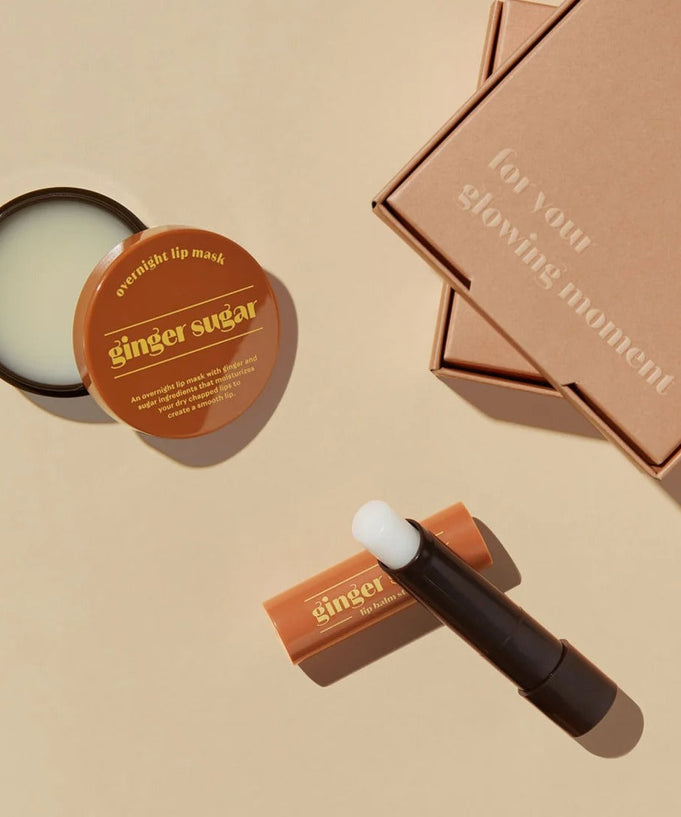 ETUDE Ginger Sugar Lip Care 2-piece Set including overnight lip mask and stick balm on a beige background