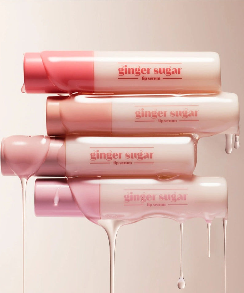 ETUDE Ginger Sugar Lip Serum 13g tubes stacked with creamy texture dripping, highlighting the luxurious formula for smooth lips.