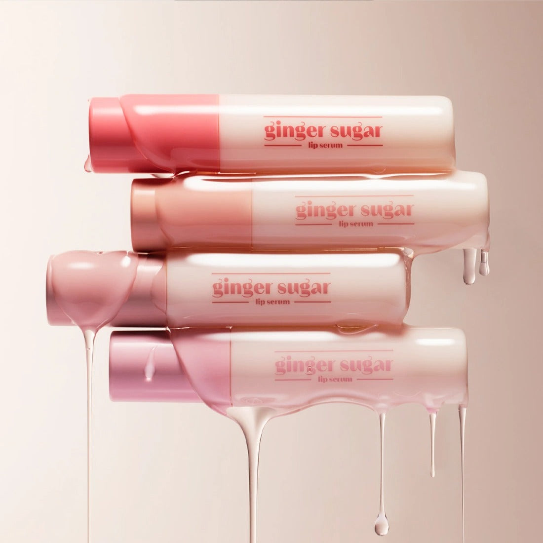 ETUDE Ginger Sugar Lip Serum 13g tubes stacked with creamy texture dripping, highlighting the luxurious formula for smooth lips.