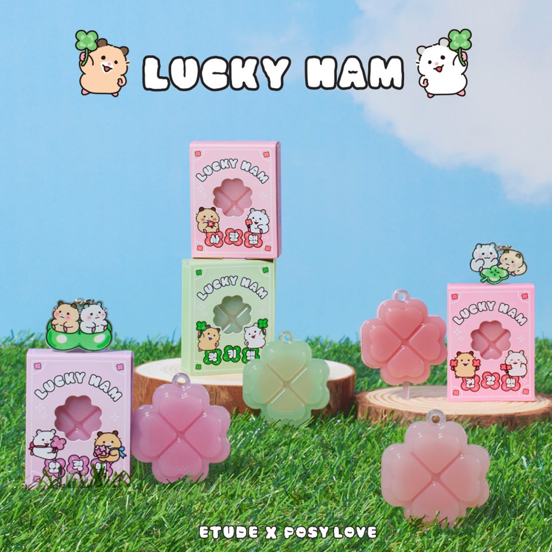 ETUDE Lucky Lip Ham Cheek [Positive Love Edition] cosmetic products displayed outdoors