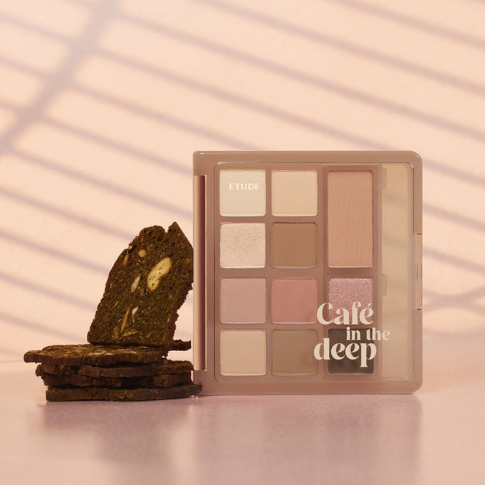 ETUDE My Best Tone Eye Palette [MBTEYE Collection] featuring versatile eyeshadow shades against a warm backdrop with cookies.