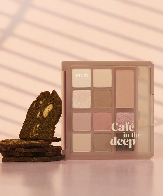 ETUDE My Best Tone Eye Palette [MBTEYE Collection] featuring versatile eyeshadow shades against a warm backdrop with cookies.