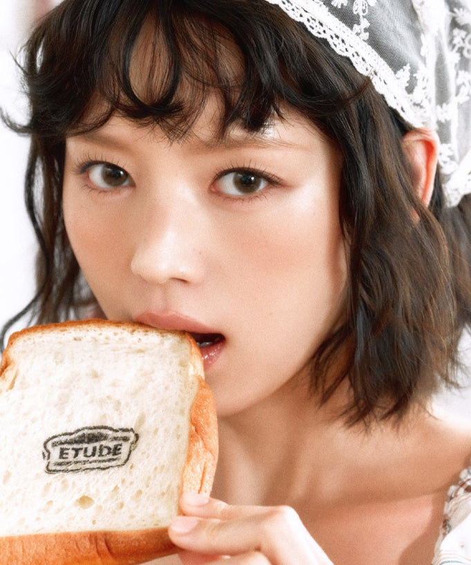 Woman with bread featuring ETUDE logo, promoting ETUDE My Best Tone Eye Palette [MBTEYE Collection]