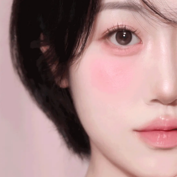 Close-up of a woman's face showcasing blush and makeup, highlighting the ETUDE Play Multi Eyes product effect.