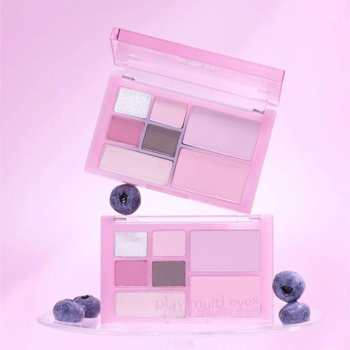 ETUDE Play Multi Eyes palette in pink and purple shades with blueberries on a pink background.