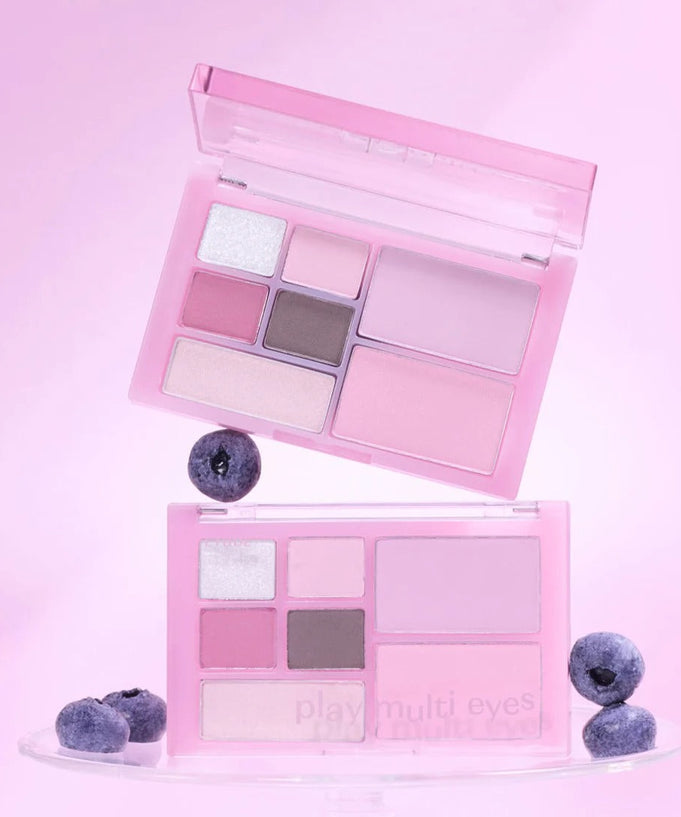 ETUDE Play Multi Eyes palette in pink and purple shades with blueberries on a pink background.