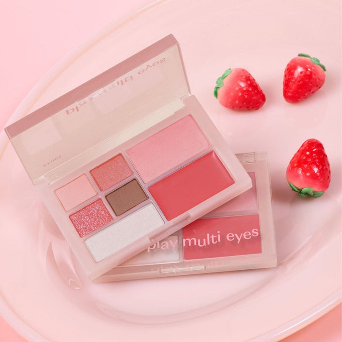ETUDE Play Multi Eyes palette with vibrant shades on a pink background, perfect for creating versatile eye looks.