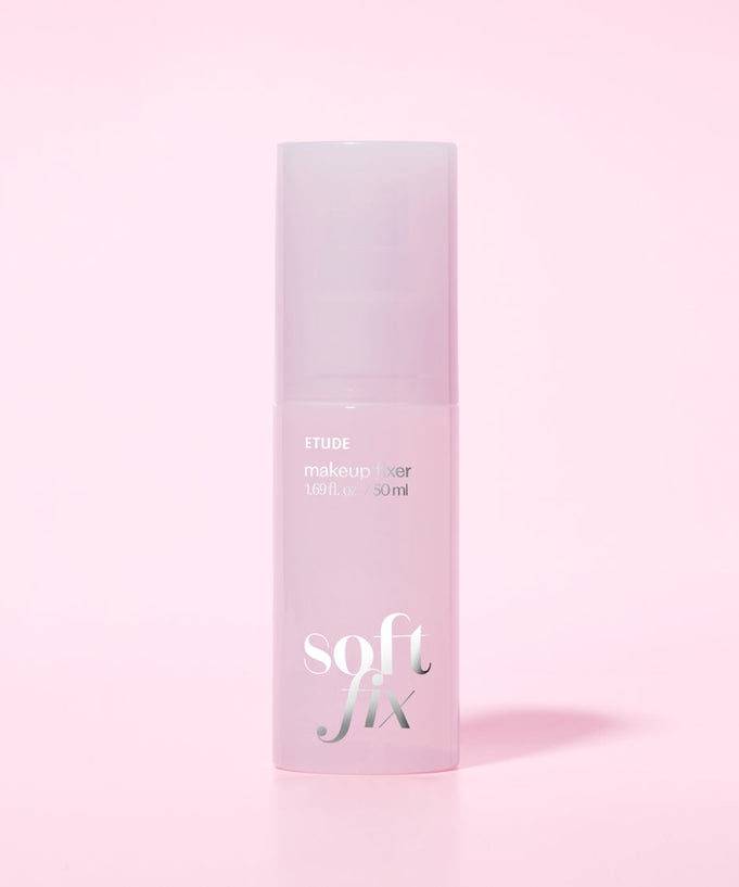 ETUDE Soft Fix Makeup Fixer 50ml bottle on a pink background